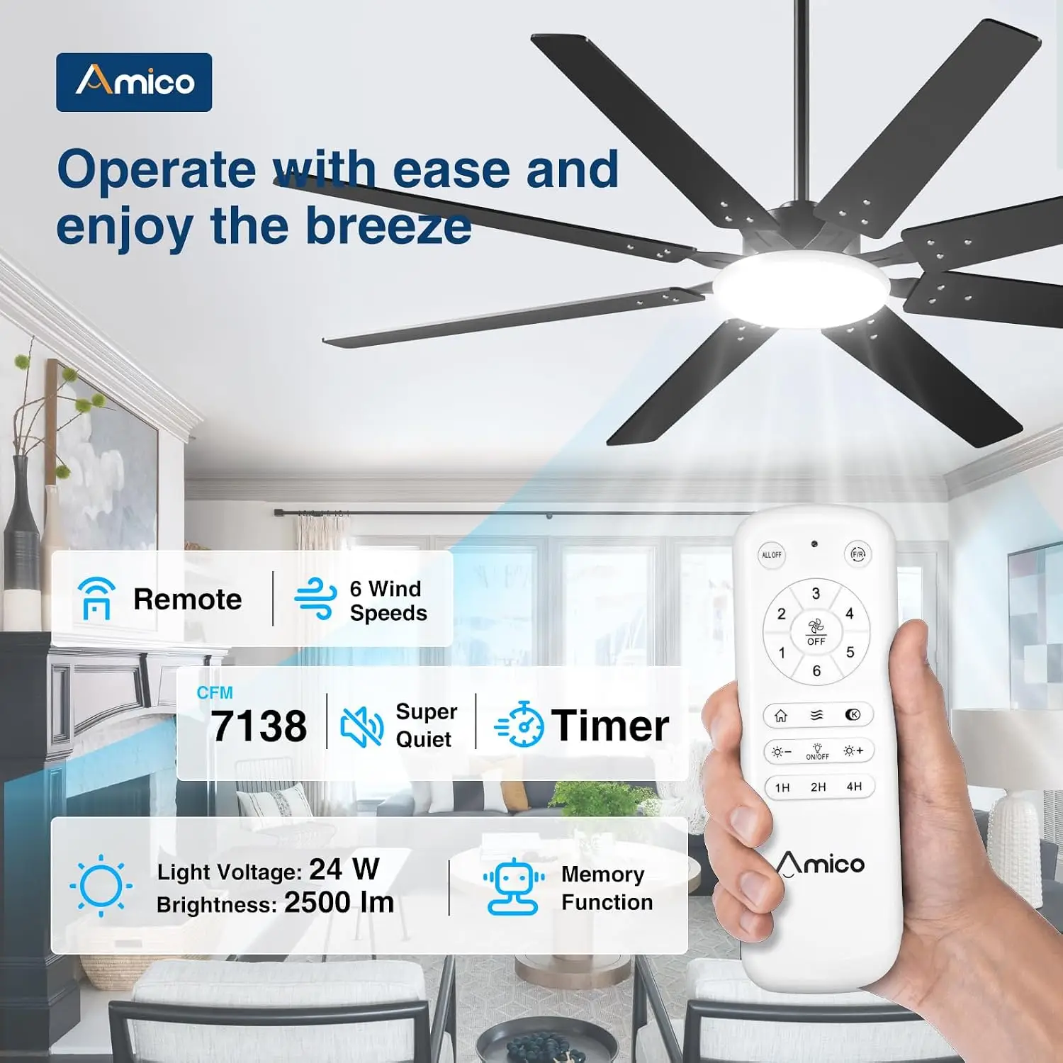 72" Large Ceiling Fan with Lights & Remote, Dimmable 3CCT, Quiet DC Motor, Reversible, Indoor/Outdoor Use for Living Room, Bedroom, Kitchen, Patio view 2