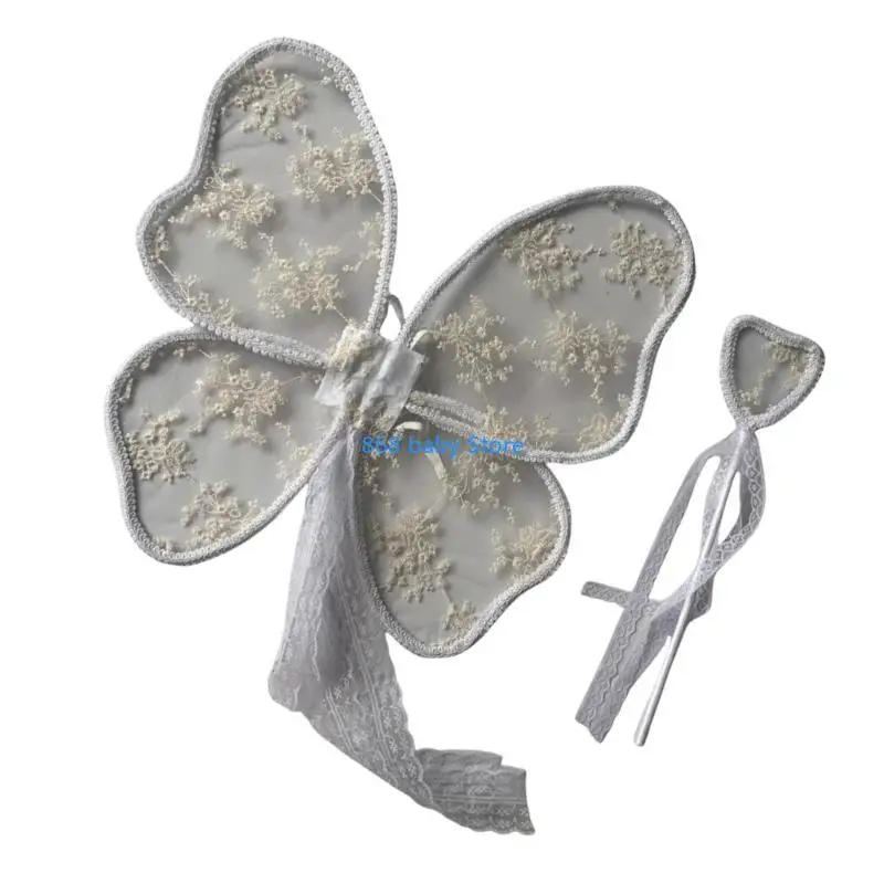 29EE Soft Lace Angel Wing for Kids Photography Adjustable for Baby Girls with Wand