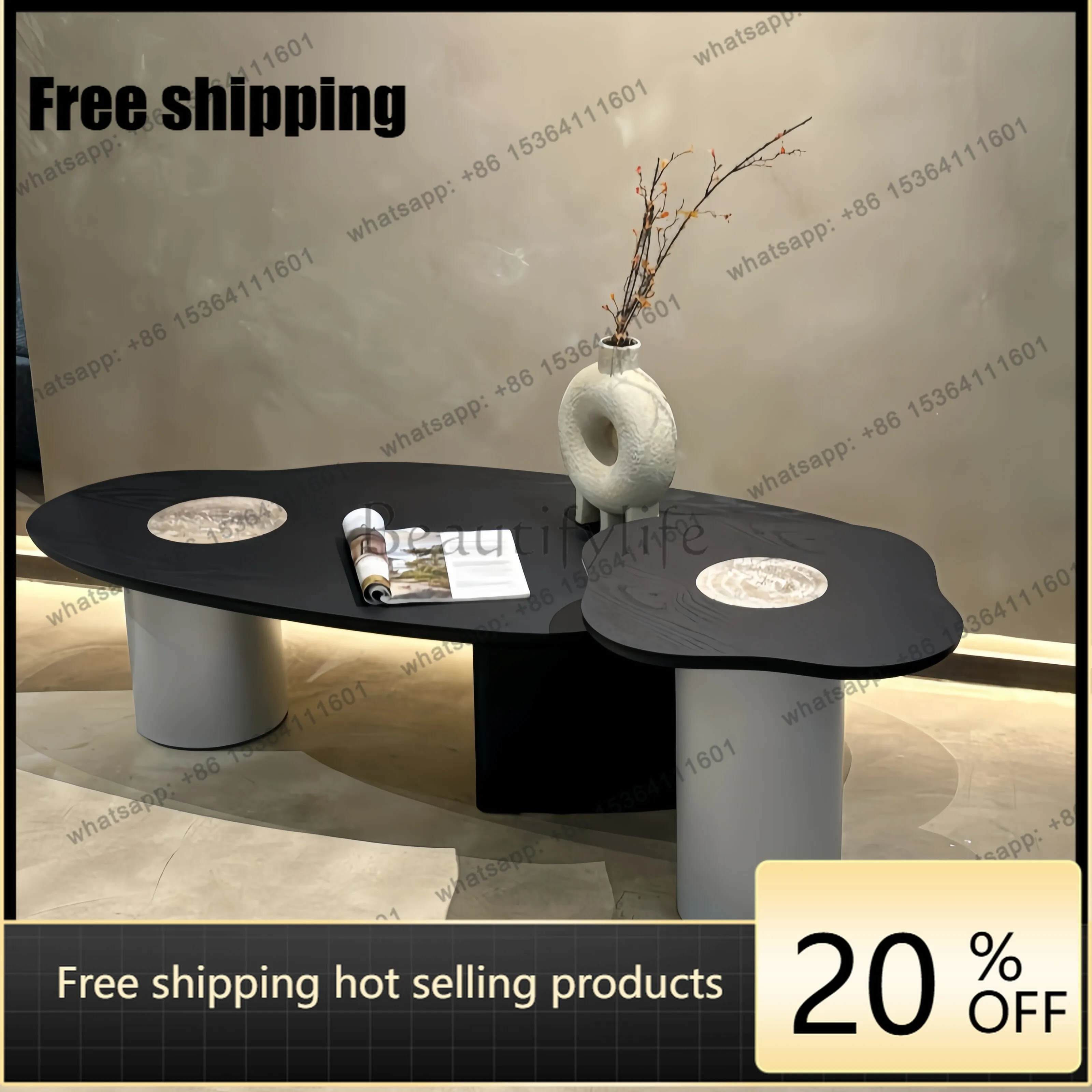 Factory Direct Sales Italian Minimalist Solid Wood Coffee Table Pandora Slate Special Shaped Coffee Table