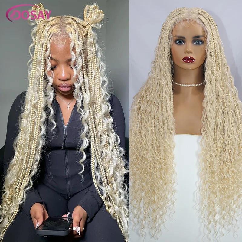 

Knotless Box Braided Wigs Goddess Locs Boho Curls Synthetic 32 Inch Lace Front Cornrow Braids Wig With Baby Hair For Black Women