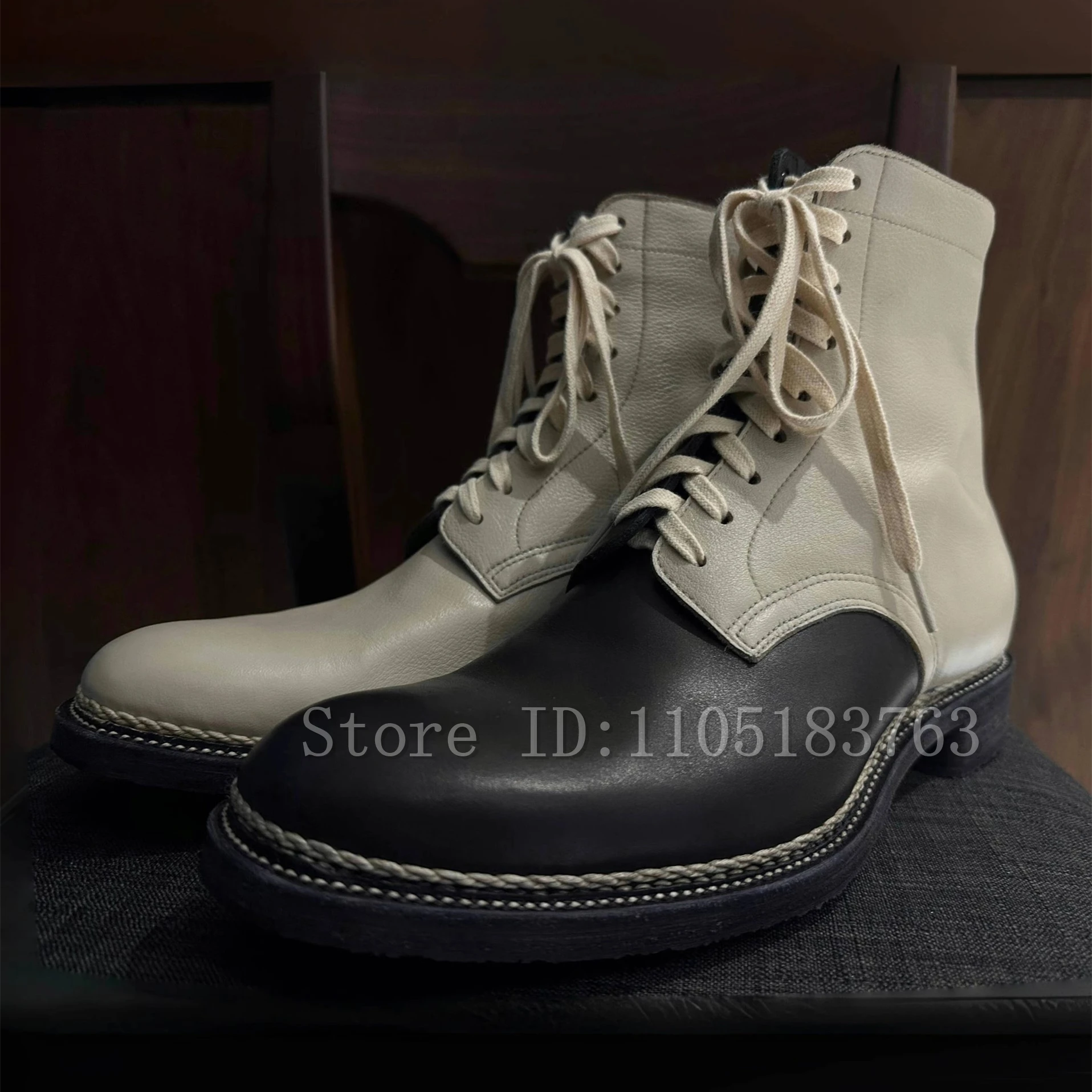 Black and White Spliced M Otorcycle Boots Men Winter New Fashion Thick Heels Lace Up Back Zipper Ankle Boots