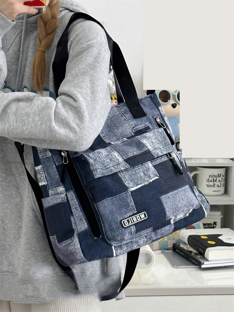 

Красочная джинсовая сумка-тоут в стиле пэчворк, большая вместительная сумка для поездок на работу, женская сумка через плечо в японском ретро-стиле, новинка 2026 года