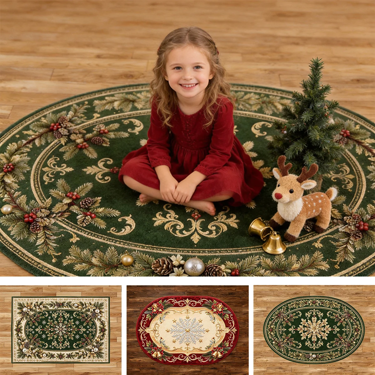 Christmas Snowflake Printed Area Rug Red Gold Xmas Holiday Decor Non Slip Doormat For Home Party Indoor Outdoor Entryway