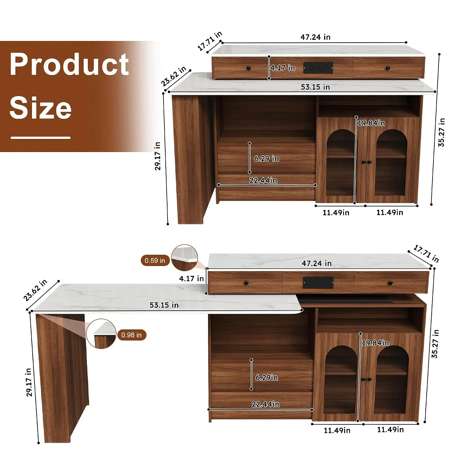 Extendable Rotating Kitchen Island 4 Drawers Glass Cabinet Socket Expandable Dining Station Space Saving Cart Walnut, Customized