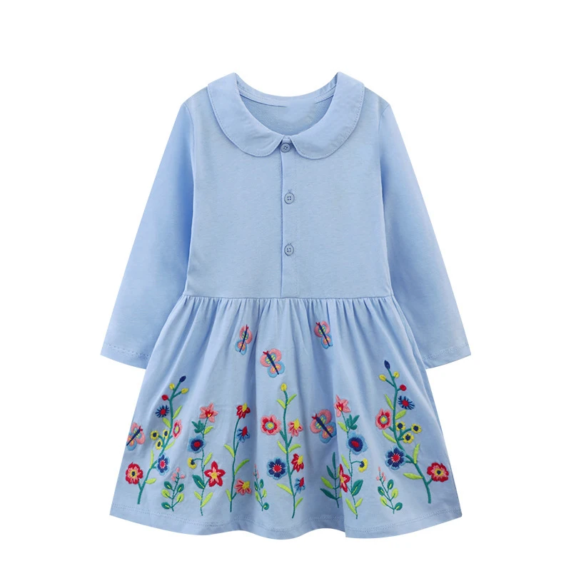 

Adorable Baby Girl Dress in Light Blue Long Sleeves, Peter Pan Collar, Charming Floral and Butterfly Embroidered