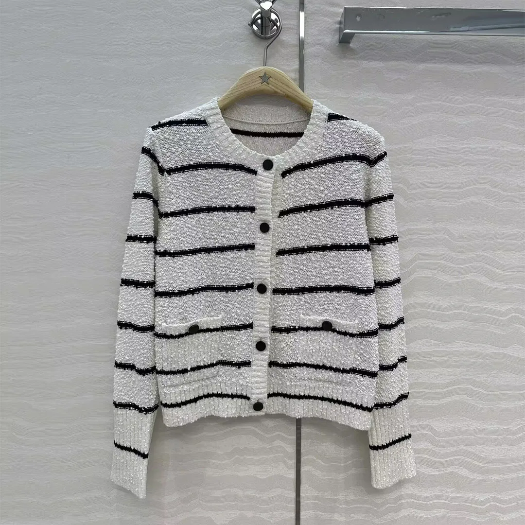 

New Autumn Elegant Fashion Cotton Wool Blends Knitted Cardigans Women O-neck Long Sleeve Buttons Sweet Stripes Pattern Sweater