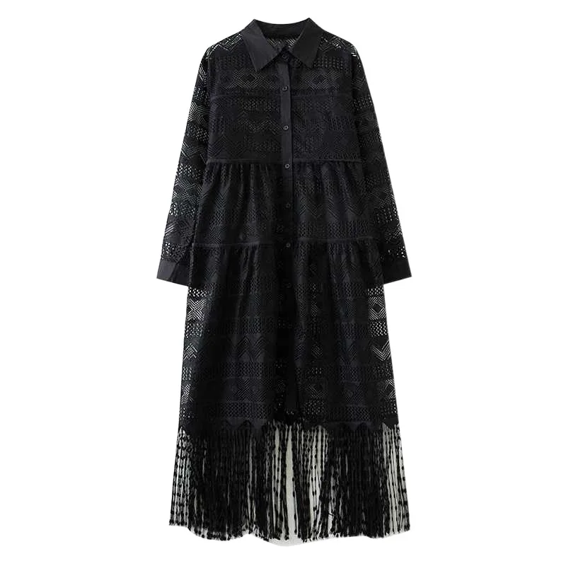 Damen-Hemdkleider, solides Kleid, Ausschnitt, Spitze, gespleißt, lange Ärmel, knöchellang, lockere Passform, gerade, Bürodame, lässig, 2025, Herbst