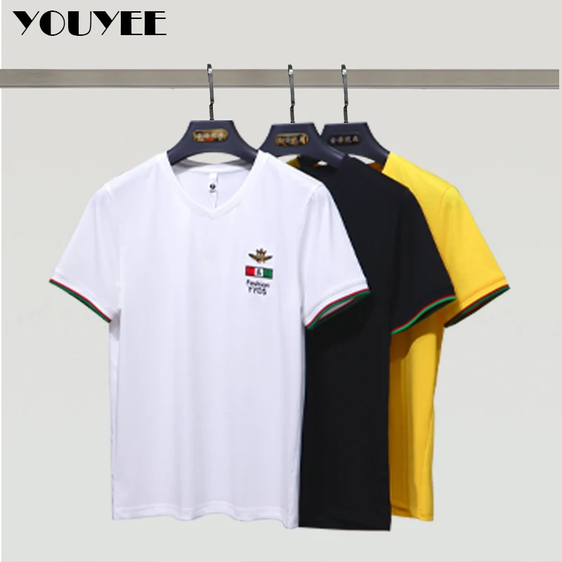 Embroidered Letter V-neck Men\'s T-shirt 2022 New Ice Silk Cotton Slim Male Wear Versatile Comfortable High-quality Tees Clothes