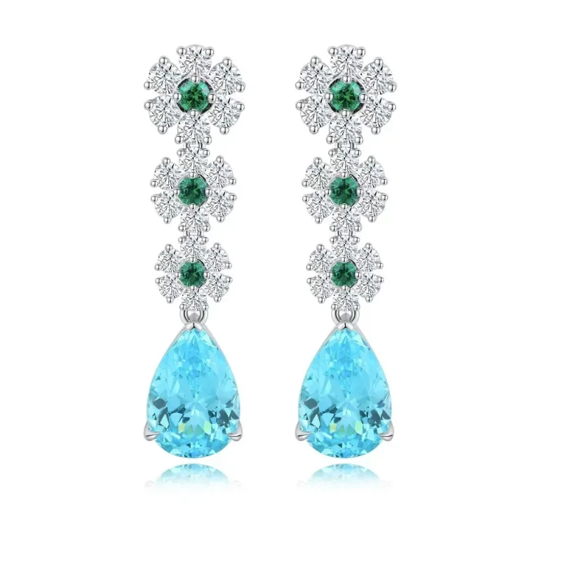 Ruihe Luxury Top Sale 925 Silver Lab Grown Paraiba Sapphire with Simulated Diamond Zirconia Green White Elegant Earrings Women