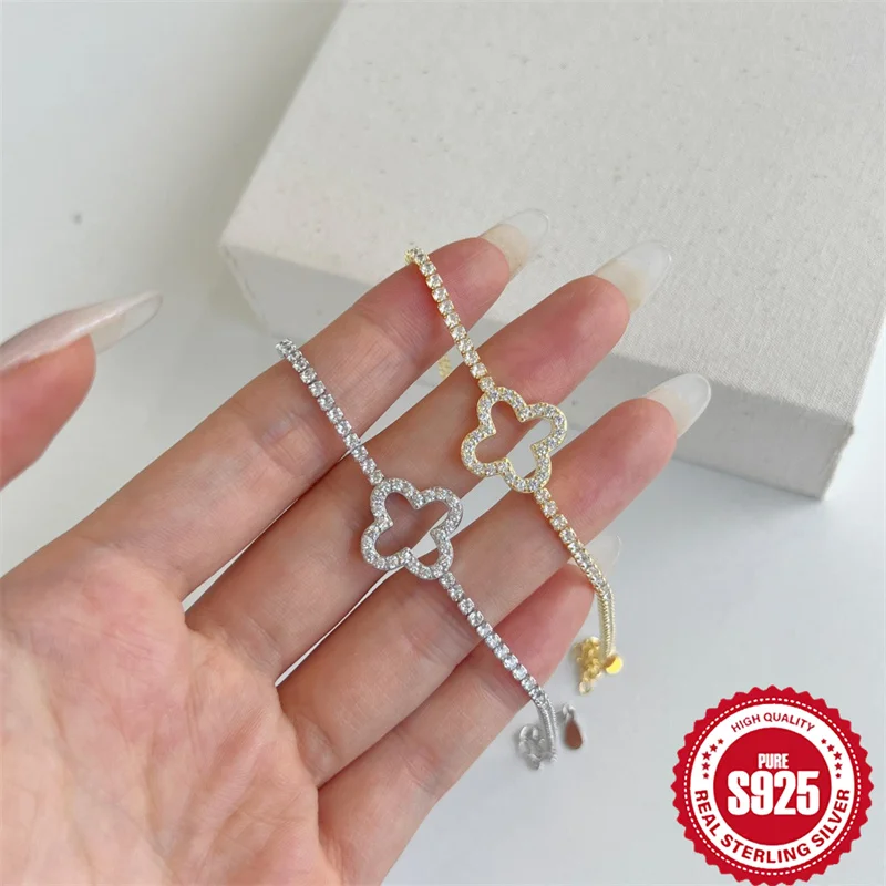 

2024 New S925 Silver Hollow Clover Flower Tennis Chain Bracelet Hip Hop Light Luxury Fashion Trendy Women's Wedding Jewelry Gift