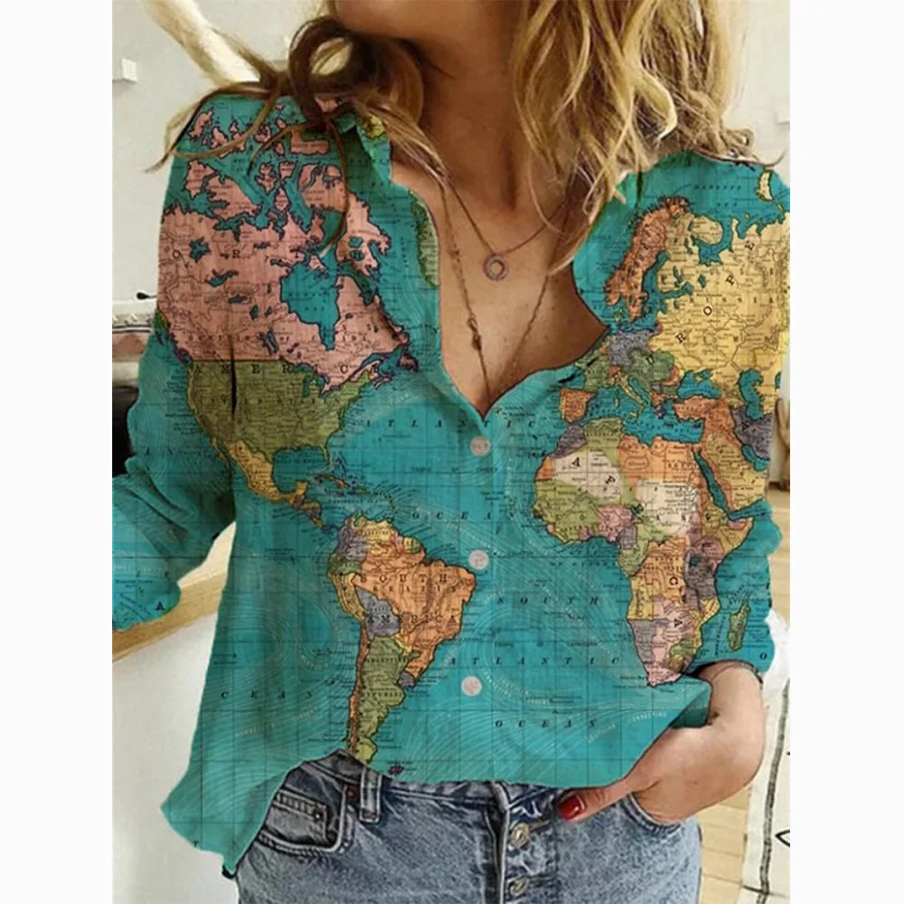 2024 Autumn fashion new top map depicting print slim fit long sleeved button up shirt for women image 2