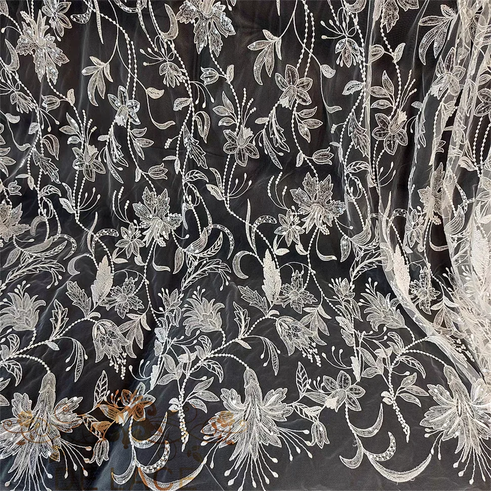 

JZQ Beautiful Blooming Flowers Lace Wedding Dress Shining Sequins Fabric Floral Embroidered Bridal Dress Lace Fabric