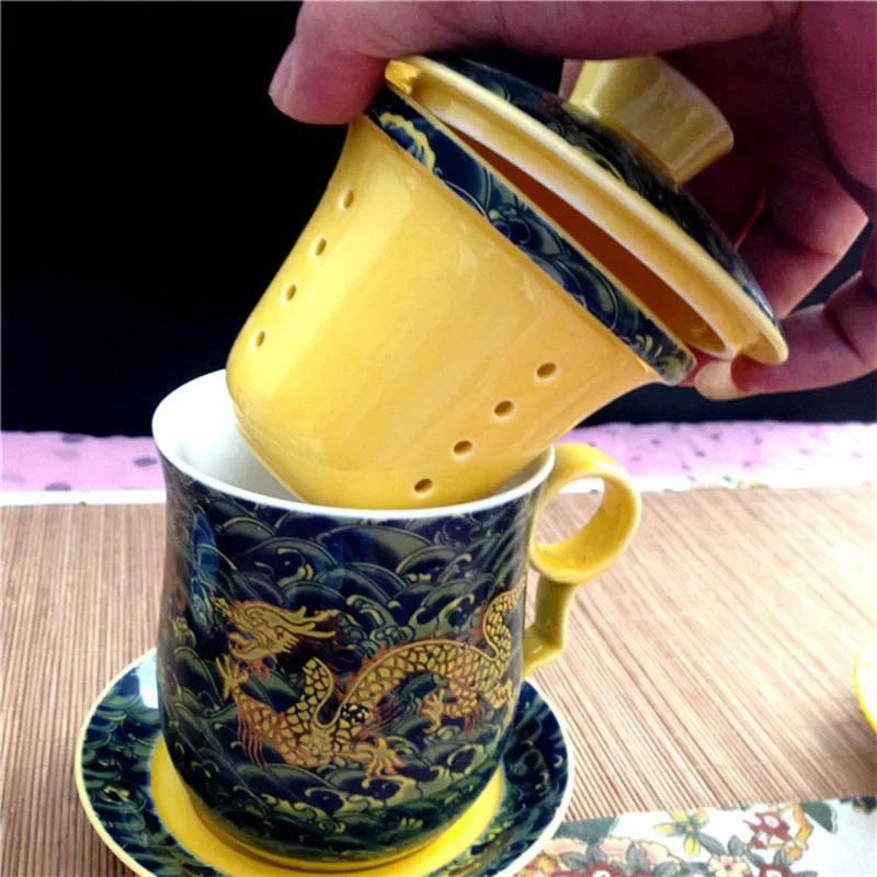 4pcs kit of Chinese Dragon Pattern Tea-Mug with Strainer Infuser and Lid and Saucer Ceramic Tea Mug   Porcelain Personal Tea Cup