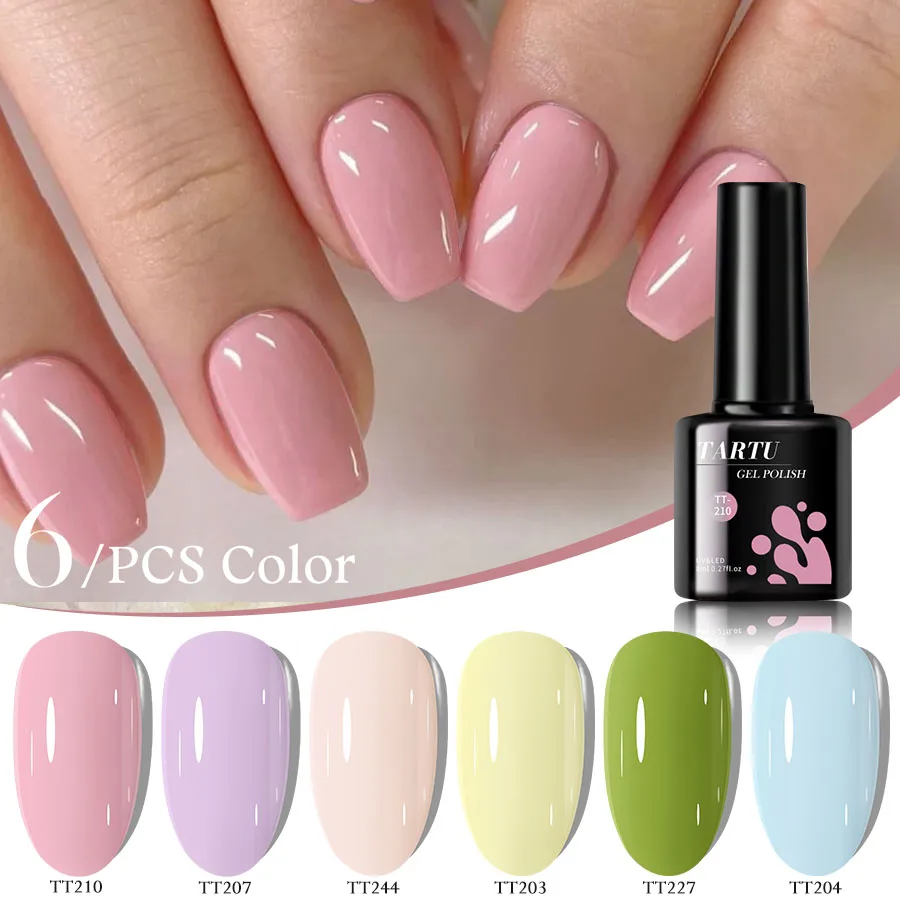 Un set di smalti gel semipermanenti a 6 colori in rosa verdastro, bianco crema, nudo e marrone rosso. UV/LED resistenti all'umidità.