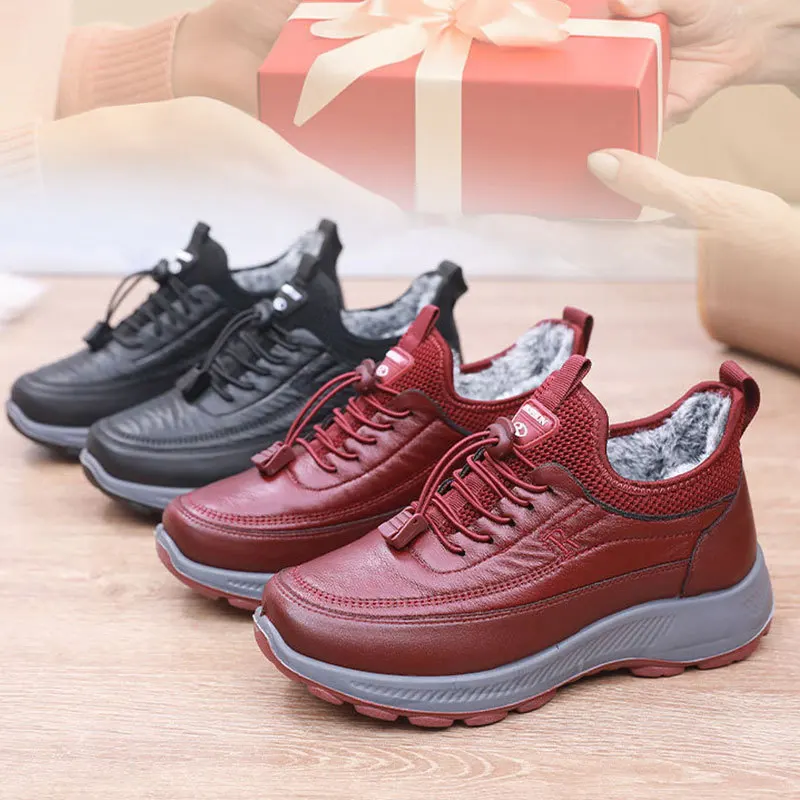 Leather Sneakers for Women Plush Cotton Shoes Winter Warm Snow Boots Female Soft Soled Casual Thick Soled Comfortable Footwear