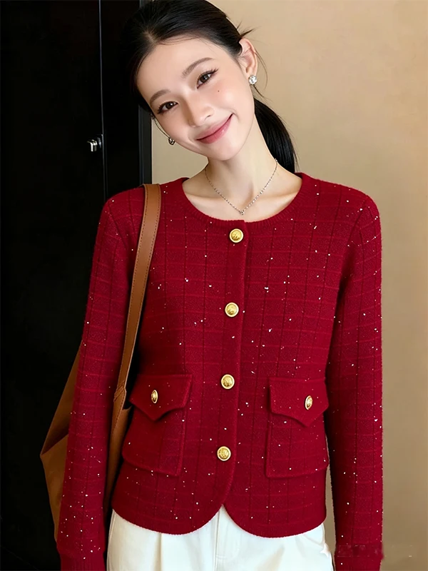 

Red Sequin Knitwear Jaet Women's round Ne Fce Lined Spring Outerwear Luy Year Gold Button Warm Cardigan Top