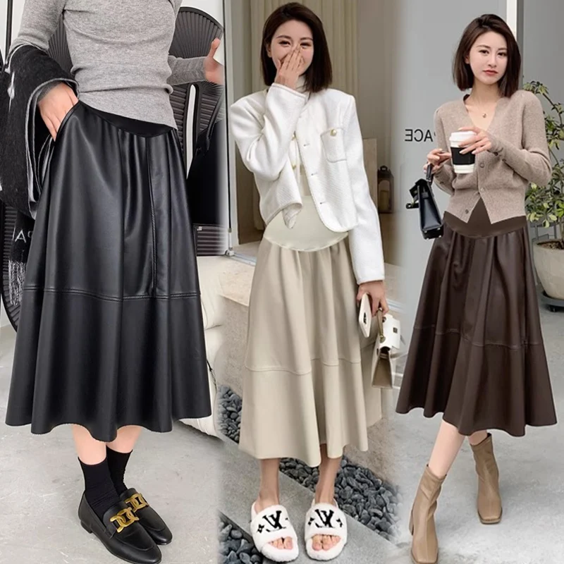 High Quality PU Skirts for Maternity Autumn Winter A Line Skate Loose Bottoms for Pregnant Women Fashion Youth Pregnancy Y2k