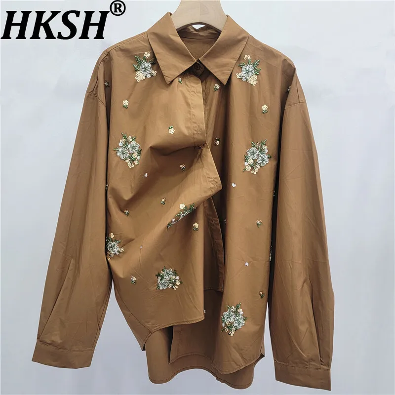 

HKSH Spring Autumn New Women Shirt Turn-down Cololar Long Sleeve Beaded Sequined Single Breasted Elegant Blouse Ins Tops HK16487