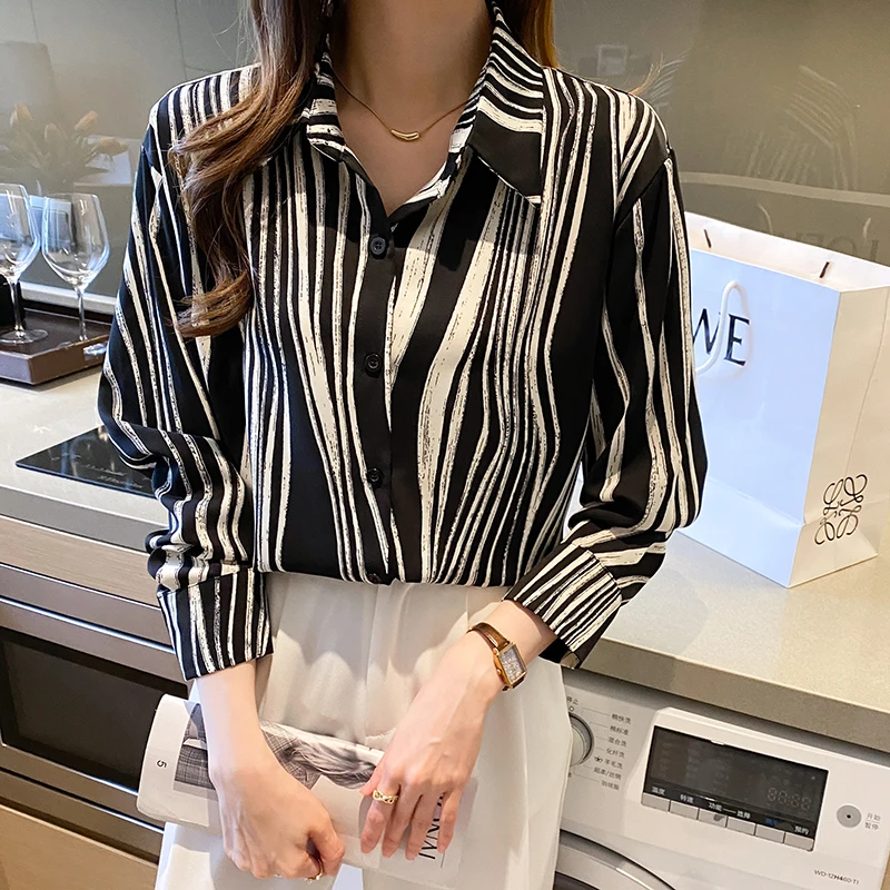 Women Spring Simplicity Loose Temperament Striped Chiffon Polo-Neck Long Sleeve Shirts Women Clothes Casual All-match Trend Tops