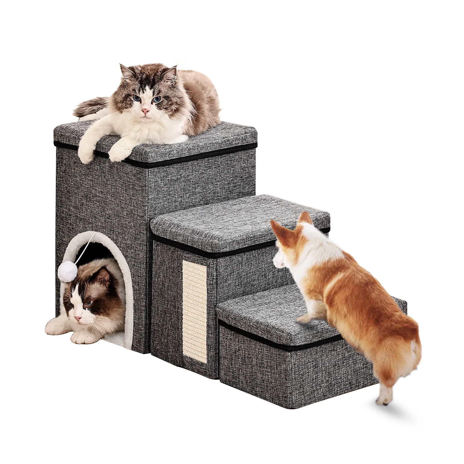 Dog Stairs for Small Dogs, 3 Steps Pet Stairs / Cat Stairs for Bed and Sofa, Folding Stairs with Cat Dog Cave, Non-Slip Base