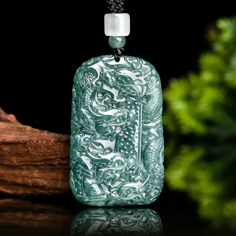 

Jia Le/ Hand-carved/ Natural Myanmar Blue Water Jade Nine Dragon Emerald Necklace Pendant Fashion Fine Jewelry Men Women Amulets