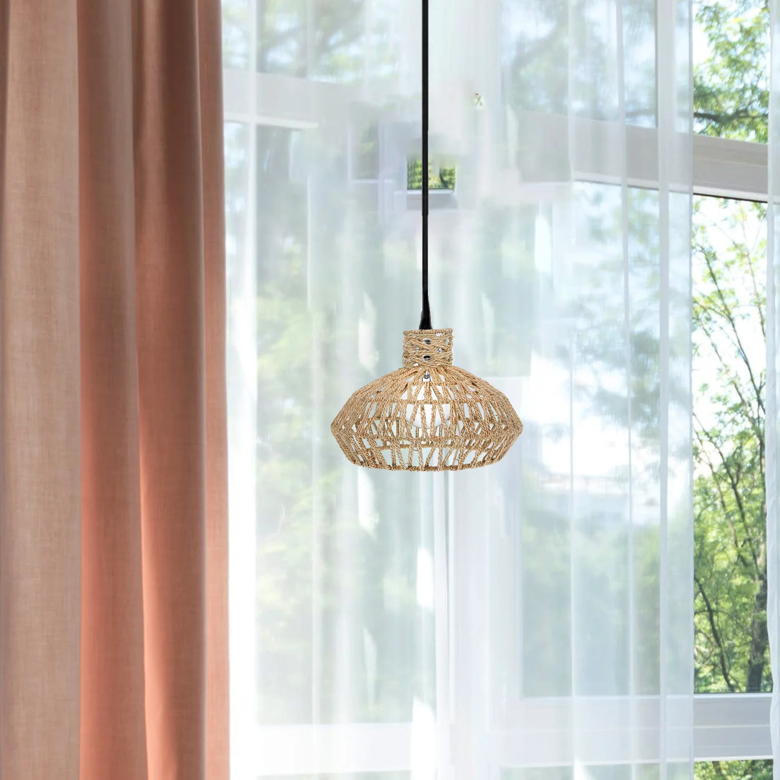 

1pc Handwoven Straw Rope Lampshade Large Hanging Pendant Light Cover Rustic Boho Woven Basket Chandelier Shade For Bedroom Cafe