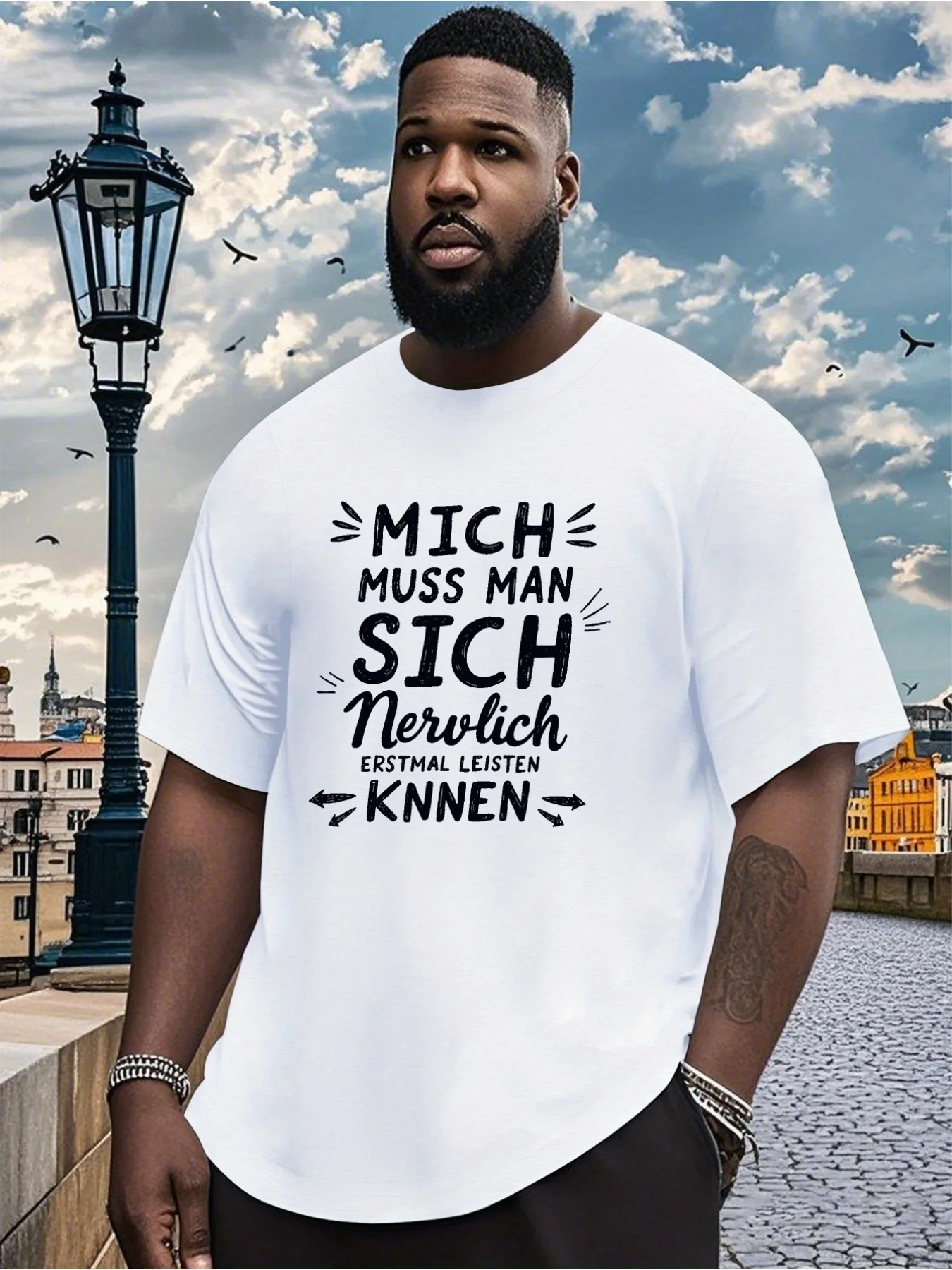 Men'S Plus Size Crinkle T-Shirt Featuring A Fun German Quote About Mental Resilience - Casual Short-Sleeve Summer Tee With Geome