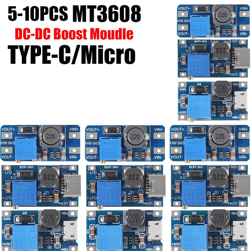 5-10 Uds MT3608 módulo elevador ajustable regulador de voltaje enchufe Micro/TYPE-C 2V-24V a 5V-28V 2A convertidor de refuerzo de DC-DC elevador