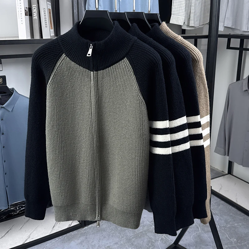 Hochwertige Herren-Strickjacke, Modemarke, gestreift, mit Reißverschluss, Stehkragen, Herbst/Winter, neuer, personalisierter, lässiger Pullover-Mantel – Detail 4