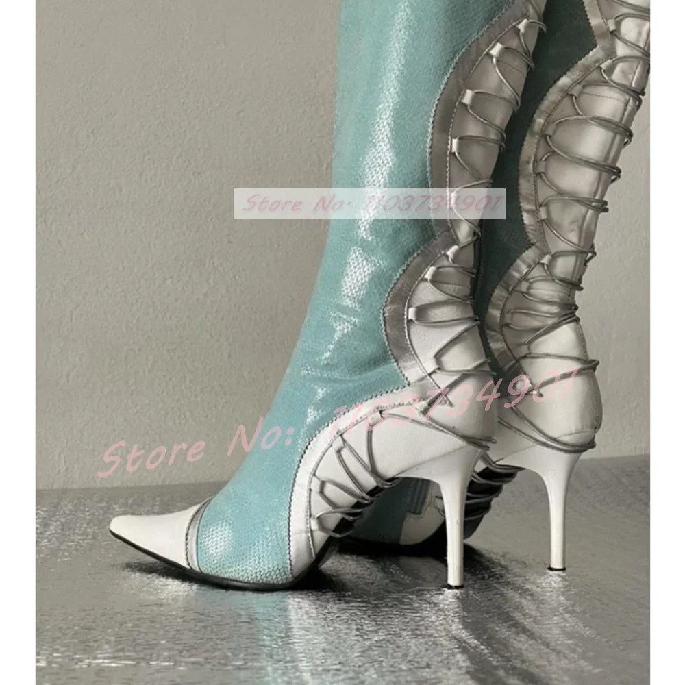 Pointy Toe Patchwork Lace Up Stiletto Boots Women Side Zip High Heels Knee Length Shoes Lady Leggy Slim Fashion Sexy Party Boots