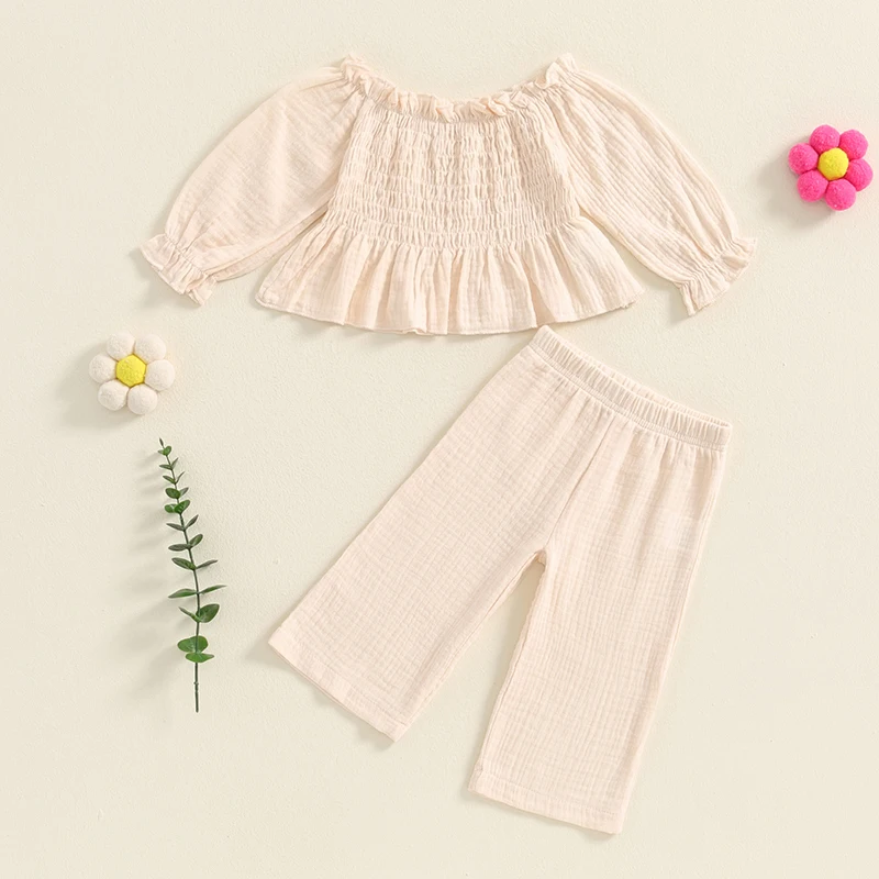 Toddler Baby Girl Fall Outfit Long Sleeve Smocked Pullover Tops Wide Leg Pants Cute Infant Clothes