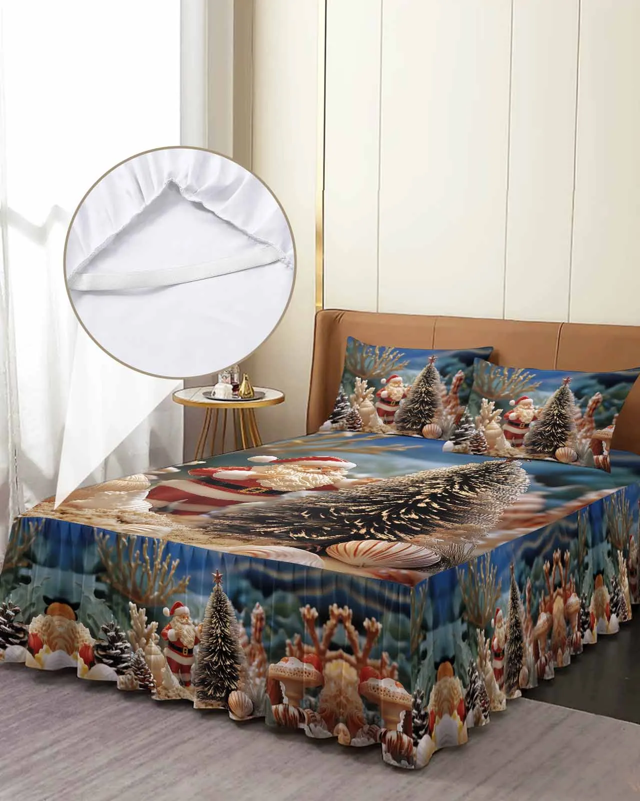 

Christmas Ocean Coral Skirt Elastic Fitted Bedspread With Pillowcases Mattress Cover Bedding Set Bed Sheet