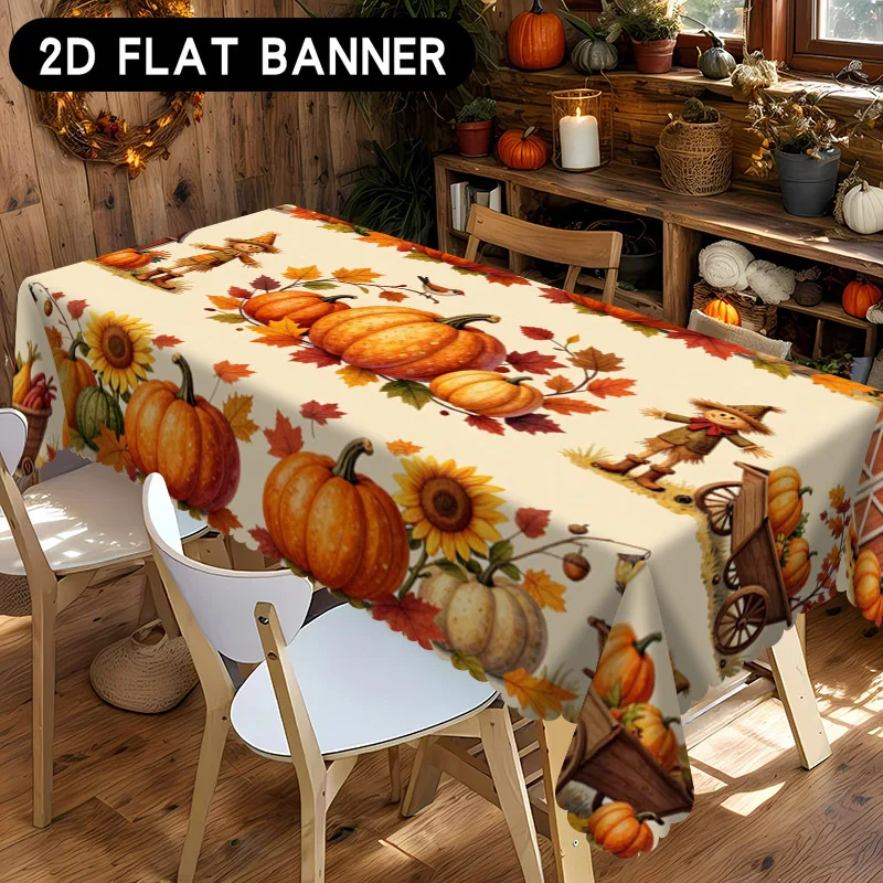 One autumn Thanksgiving-themed square/round polyester tablecloth, featuring harvest pumpkins and farm barnszyc