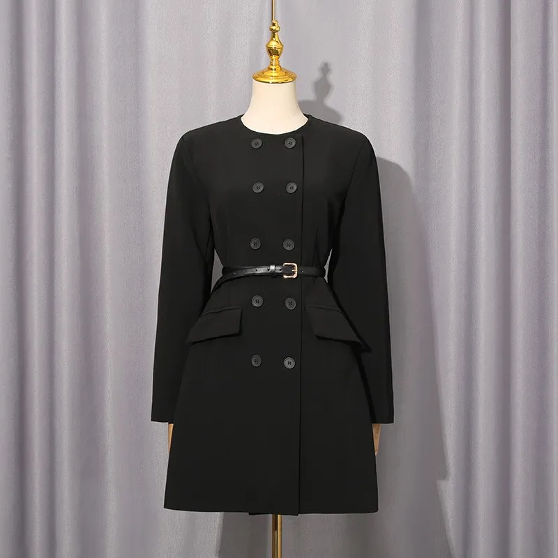 Slim Fit Tie Suit Regular Length Commuter Chic with Double Breasted Regular Sleeve Intellectual Style Patchwork Women Suit