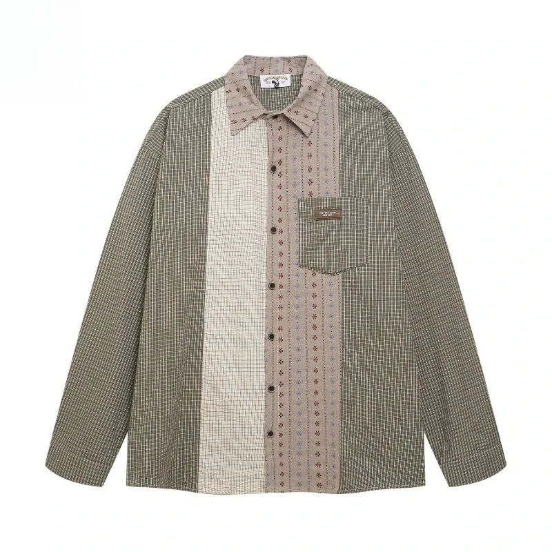 

2025 Autumn American Retro Color Block Plaid Shirt Men Loose Casual Couple Coat