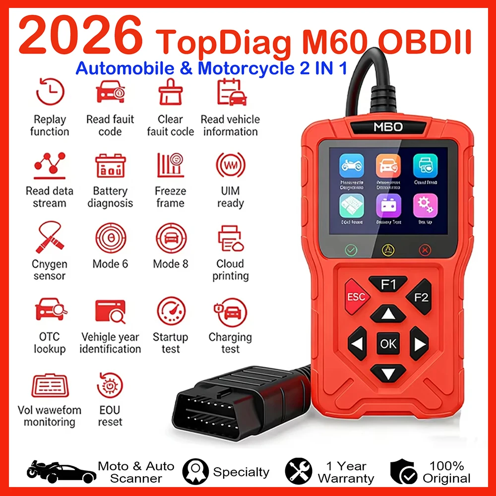 

2026 Hot Sales Topdiag M60 OBD2 Scanner Automobile and Motorcycle Fault Code Read Car/Motorcycle 2 IN 1 Diagnostic Tool