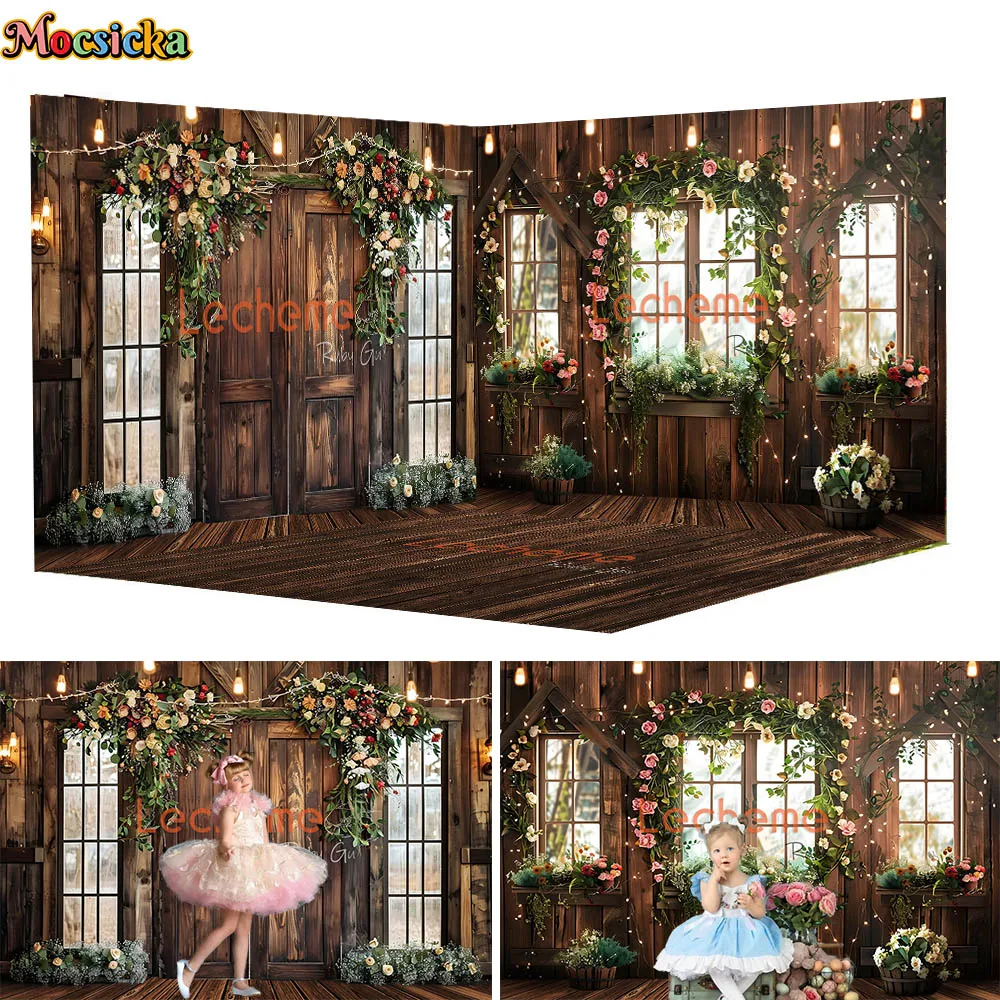 

Mocsicka Spring Girl Birthday Photography Background 3D Rustic Log Cabin Flower Door Floor Backdrop Decor Easter Kid Photostudio