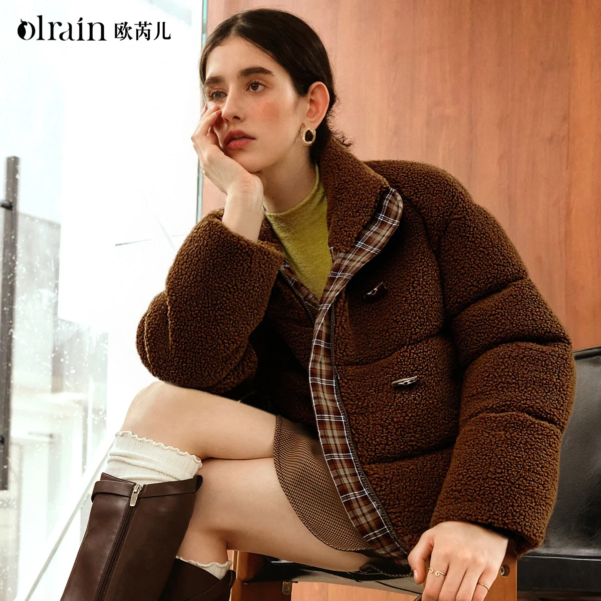 OLrain Women's Fashion Down Coats 2025 Autumn Commute Zipper Loose Fit Jackets Long Sleeve Plaid Patchwork Coats GO57DY000815