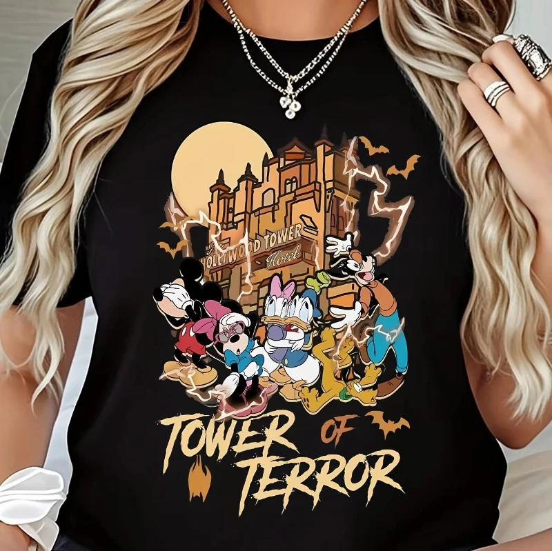 

Tower of Terror Black and White T-Shirt Regular Size Breathable Short Sleeve Crew Neck Halloween-Themed Graphic Tee