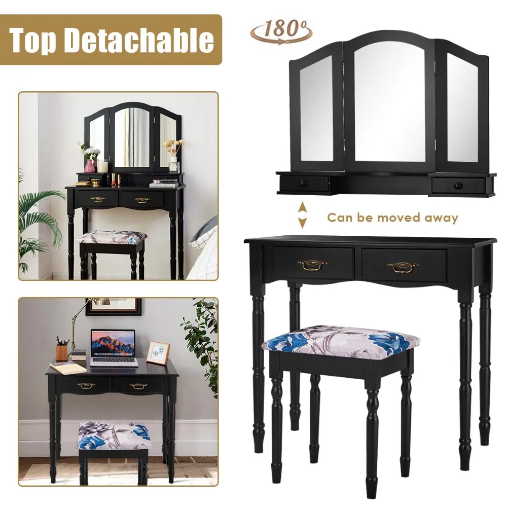 

Vanity Set with Tri-Folding Mirror, Makeup Dressing Table with 4 Drawers and Storage Shelf, Customized