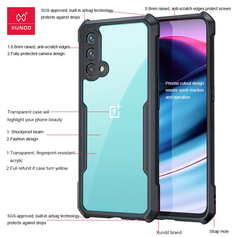 For Oneplus Nord CE 5G Case XUNDD Shockproof Airbags Case Anti-Fall Shell Back Transparent PC+TPU Cover for One plus Nord ce 5g