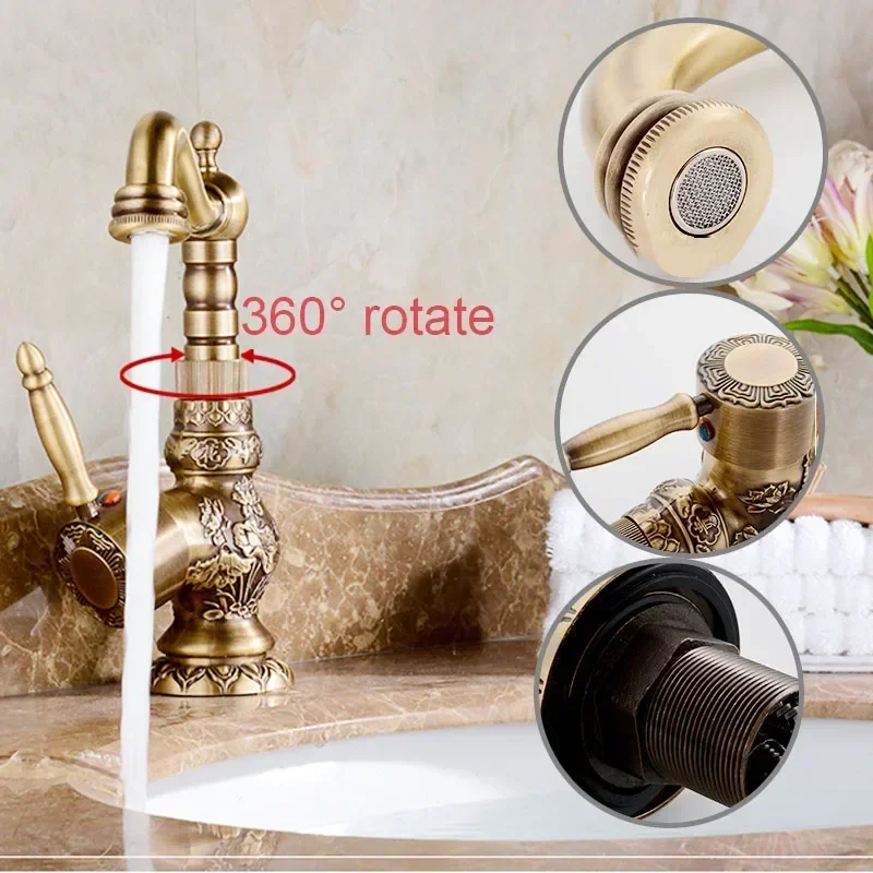 Basin Faucet Antique Copper Brass Bathroom Carved Faucet Long Nose Spout Wash Sink Tap 360 Rotation Single Handle Mixer Tap