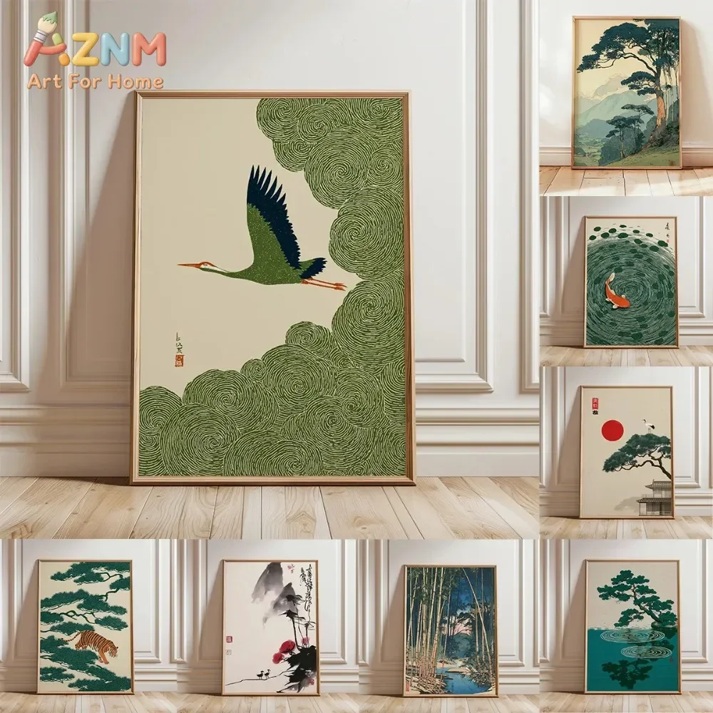 AZNM Japanese Ukiyo-e Style Canvas Wall Art, Crane Koi Pine Tree Oriental Vintage Nature Illustration Print, Unframed Canvas Pai