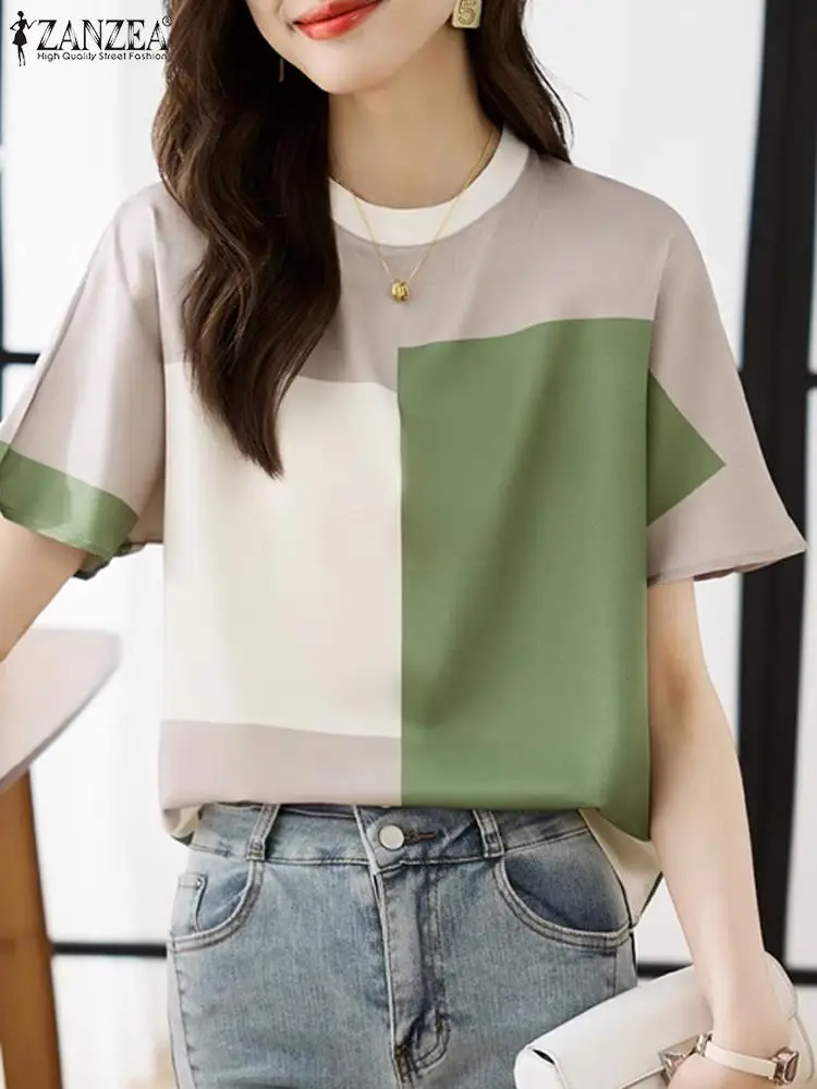 Fashion Patchwork Tops ZANZEA Summer Elegant Color Block Blouse Women O Neck Short Sleeve OL Shirt Tunic Casual Blusas Chemise