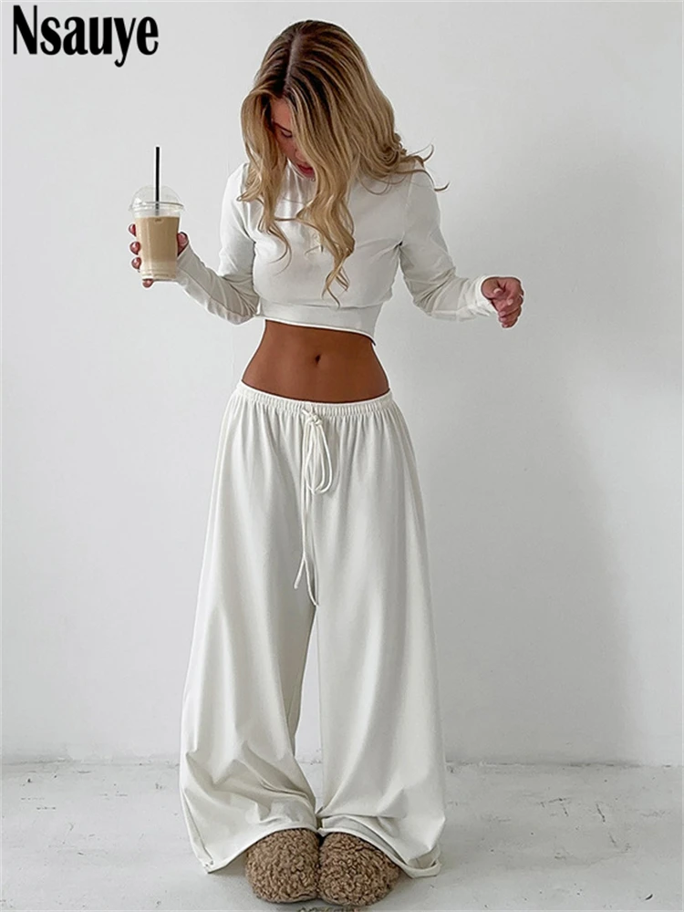 

Nsauye 2025 Женская повседневная укороченная футболка с длинными рукавами Y2K, топы, спортивный костюм с высокой талией, брюки, комплект из 2 предметов, наряды