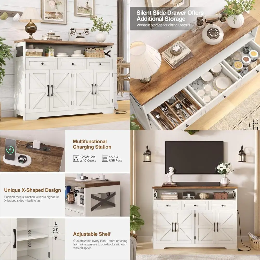 

Буфет в деревенском стиле с дверцами, ящиками и открытой полкой, деревянным кафе-баром 47,2 дюйма, подставкой для микроволновой печи