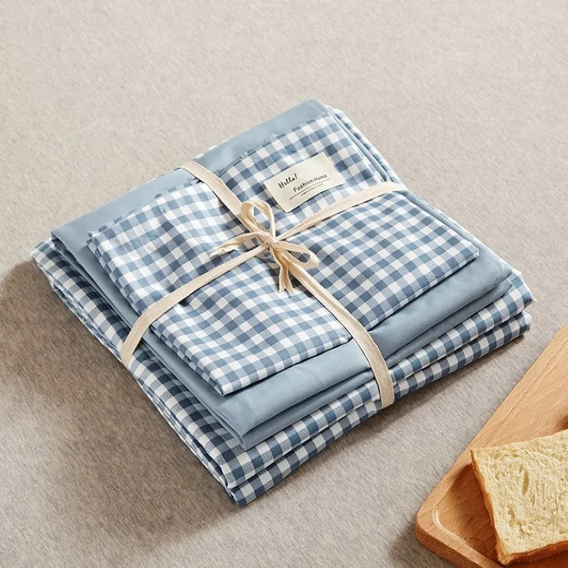 Plaid Washed‑Cotton Bedding Set, Single Fitted Sheet Duvet Cover, Student Dorm 3‑Piece Bedding Set