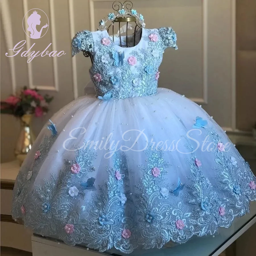 Blue Flower Girls Dresses For Wedding Pearls Lace Appliques Floral Floor Length Kids Birthday Dress First Communion Gowns