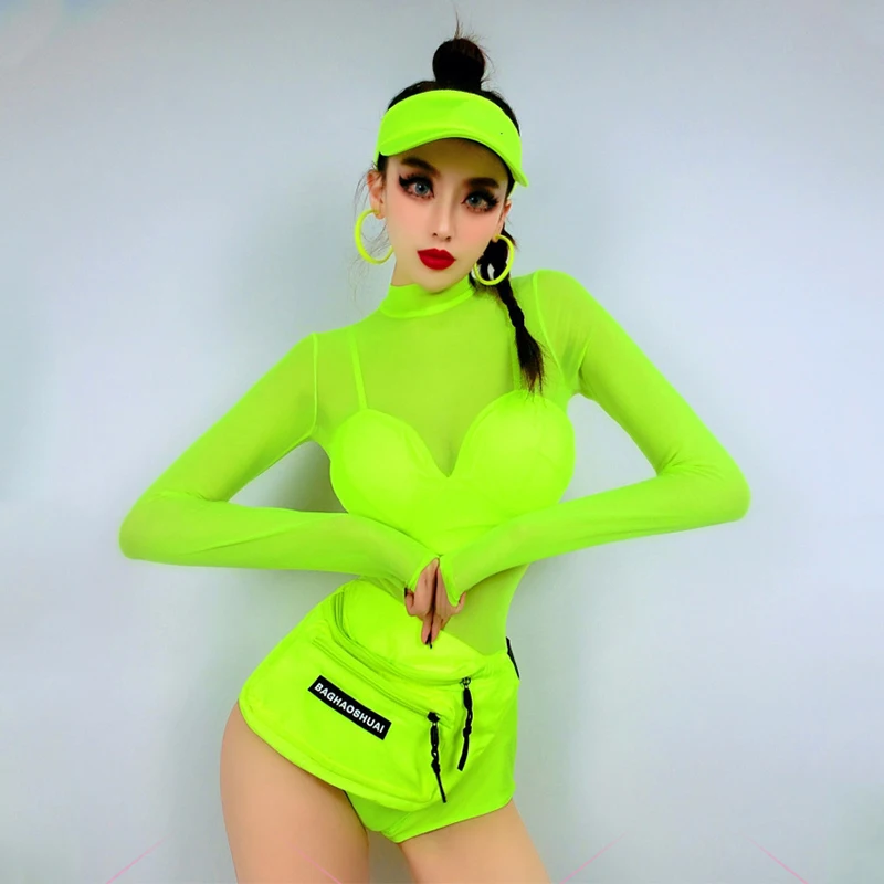 New Nightclub Bar Female Gogo Dancer Fluorescent Green Mesh Sexy Jumpsuit Bikini Jazz Pole Dance Costume Ds Dj Clothing DNV16001