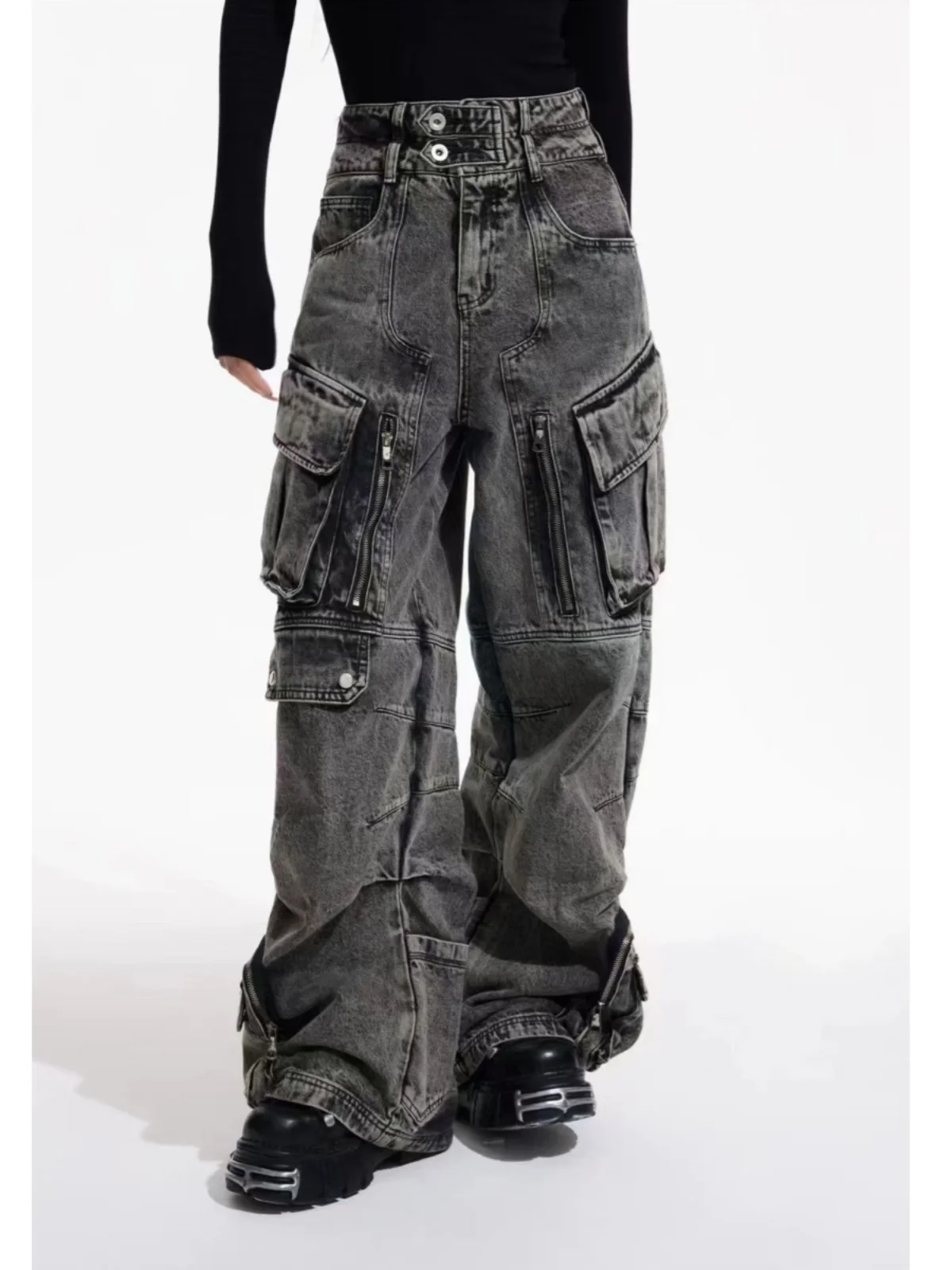 Retro werkkleding Sle Multi-ket wijde pijpen Casual lange jeans ex Loose Fit Jeugdige trend Bestand tegen vuil en slijtage